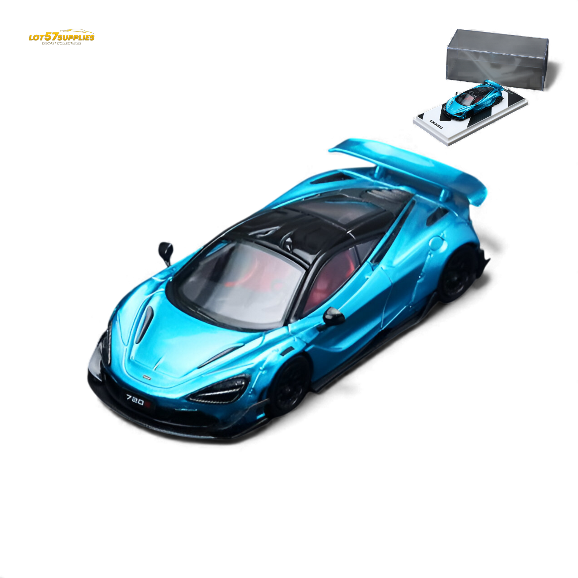 Bright blue McLaren 720S diecast model in 1:64 scale, detailed replica from Lot57Supplies Diecast Shop.