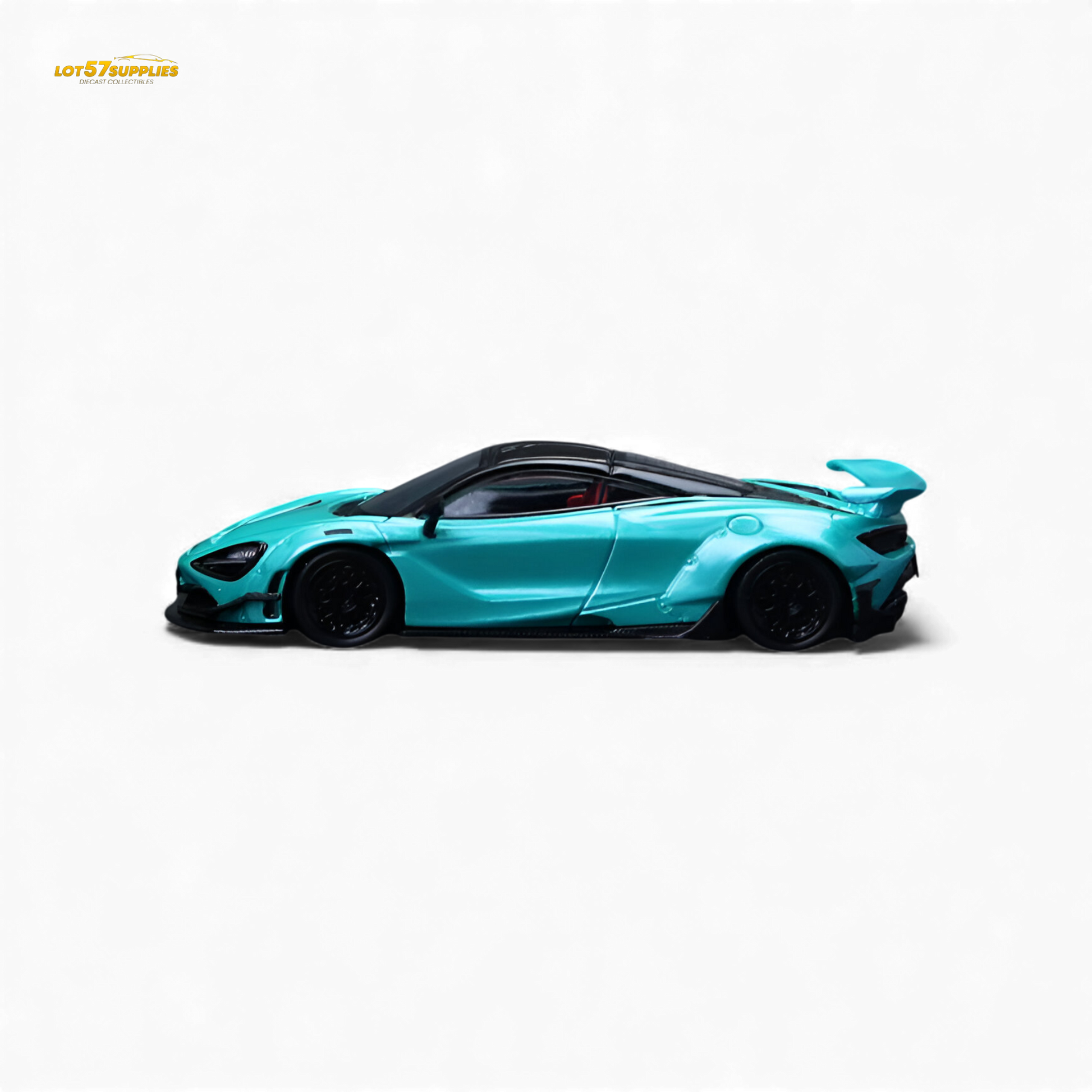 Pre-order Lot57Supplies diecast McLaren 720S in cyan blue, 1:64 scale, detailed model car with sleek design.