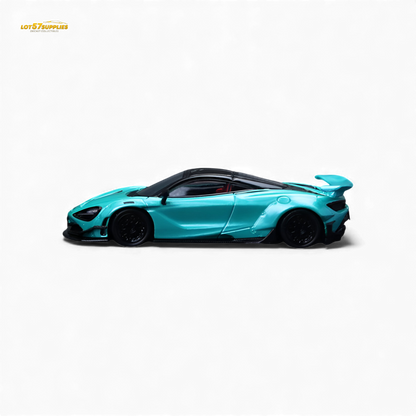 Pre-order Lot57Supplies diecast McLaren 720S in cyan blue, 1:64 scale, detailed model car with sleek design.