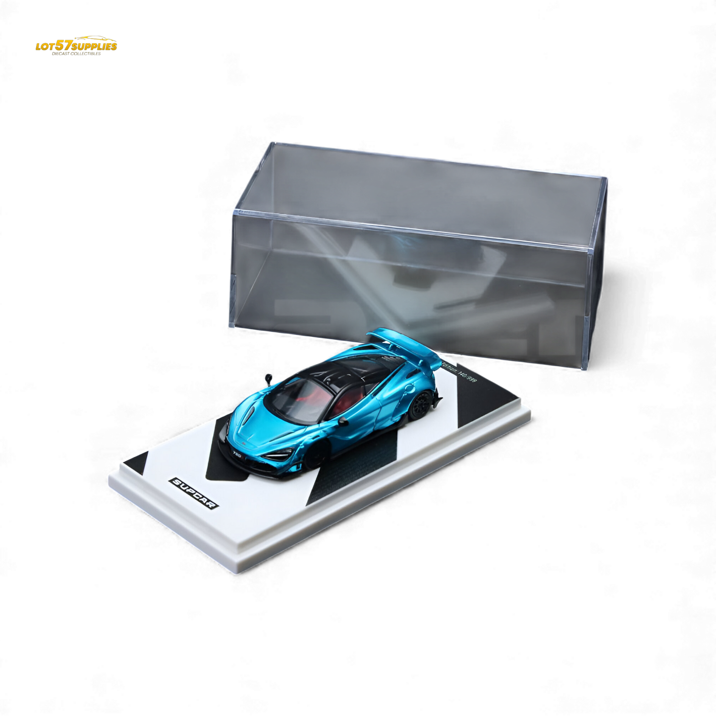 Bright blue 1:64 scale McLaren 720S diecast model car by Lot57Supplies, detailed plastic replica with realistic features.