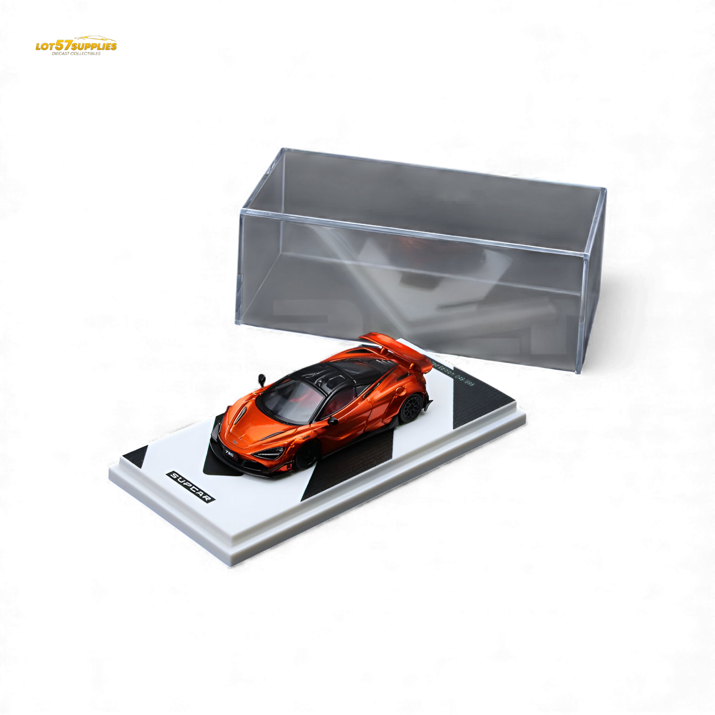Bright orange McLaren 720S diecast model in 1:64 scale, detailed sports car replica by Lot57Supplies Diecast Shop.