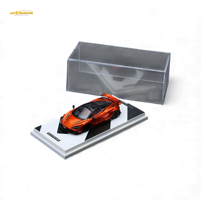 Bright orange McLaren 720S diecast model in 1:64 scale, detailed sports car replica by Lot57Supplies Diecast Shop.