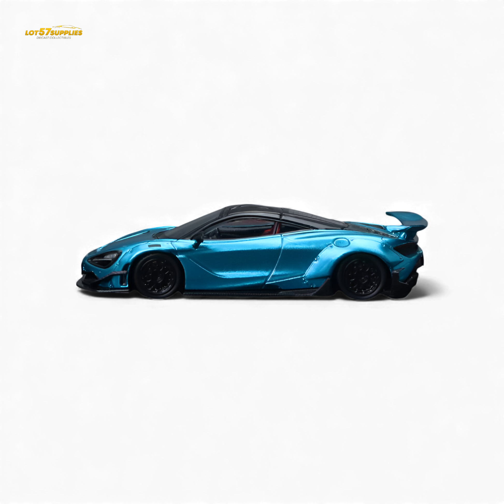 Bright blue 1:64 scale McLaren 720S diecast model by Lot57Supplies, showcasing detailed features and sleek design.