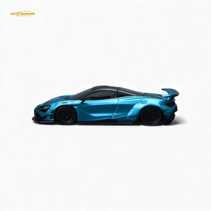 Bright blue 1:64 scale McLaren 720S diecast model by Lot57Supplies, showcasing detailed features and sleek design.