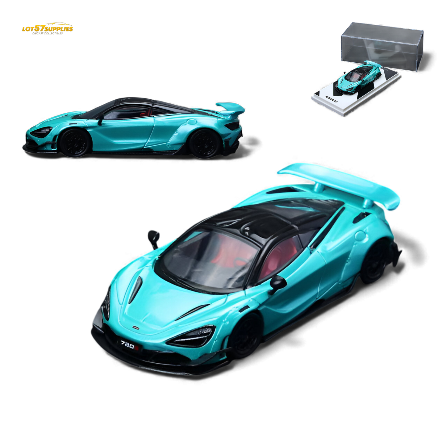 Miniature McLaren 720S diecast car in cyan blue, 1:64 scale, showcasing detailed design and vibrant color.