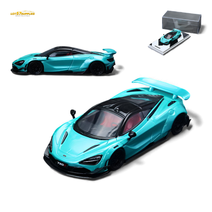 Miniature McLaren 720S diecast car in cyan blue, 1:64 scale, showcasing detailed design and vibrant color.