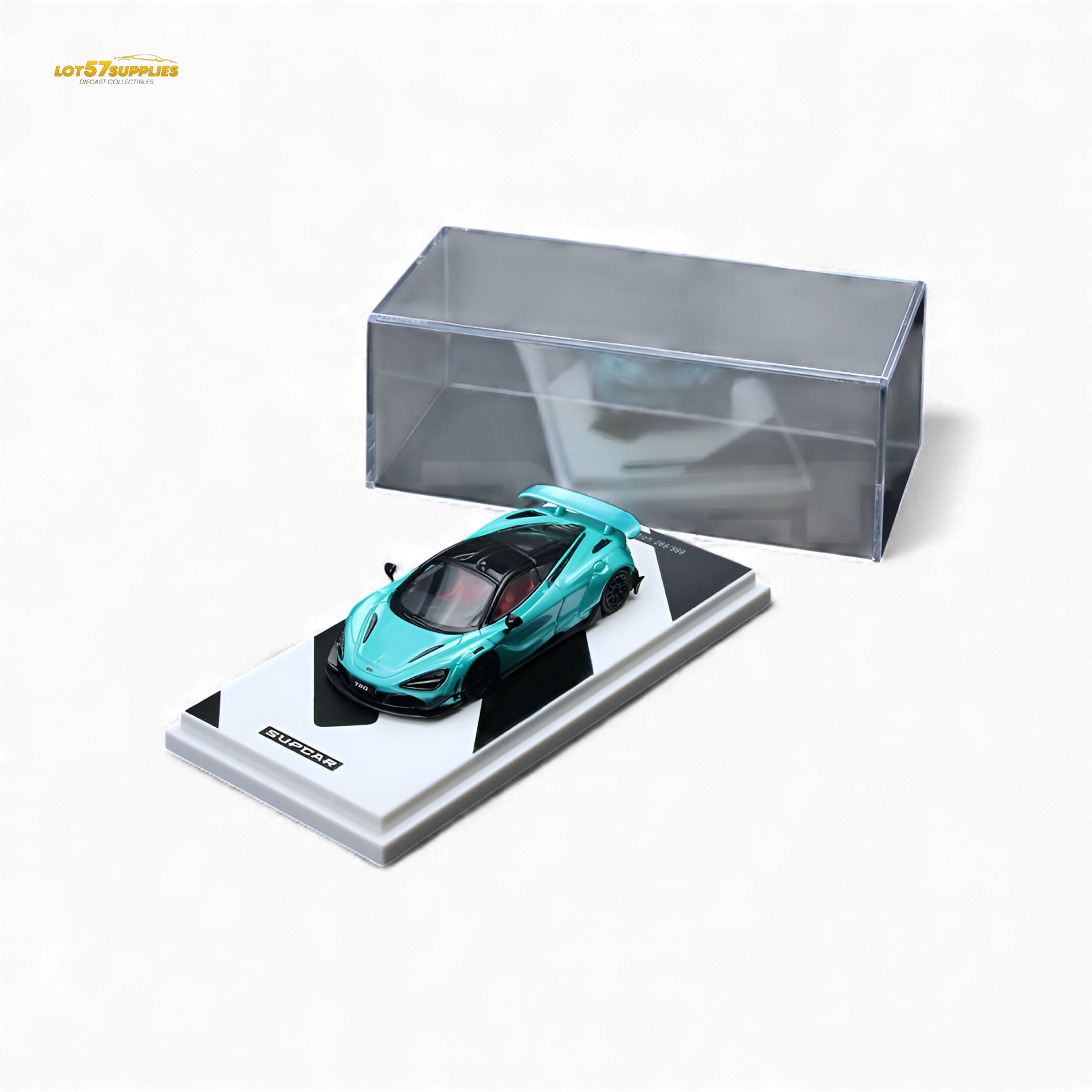 Cyan blue McLaren 720S diecast car in 1:64 scale, detailed model from Lot57Supplies Diecast Shop featuring realistic design.