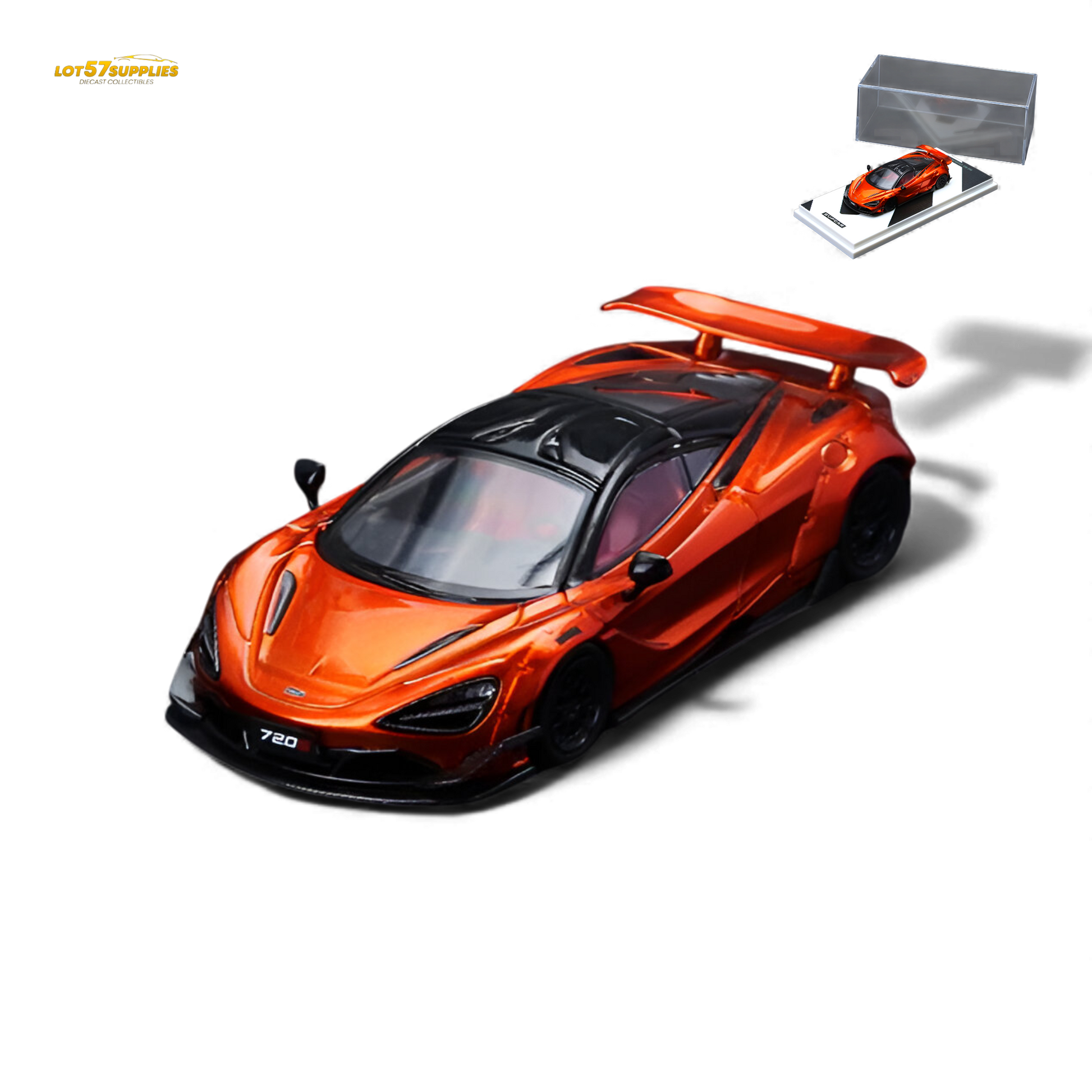 Bright orange McLaren 720S diecast model in 1:64 scale from Lot57Supplies, detailed miniature car with sleek design.
