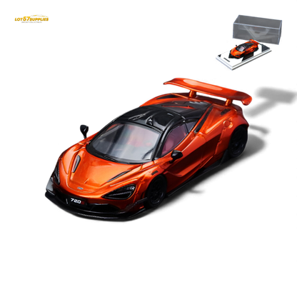 Bright orange McLaren 720S diecast model in 1:64 scale from Lot57Supplies, detailed miniature car with sleek design.