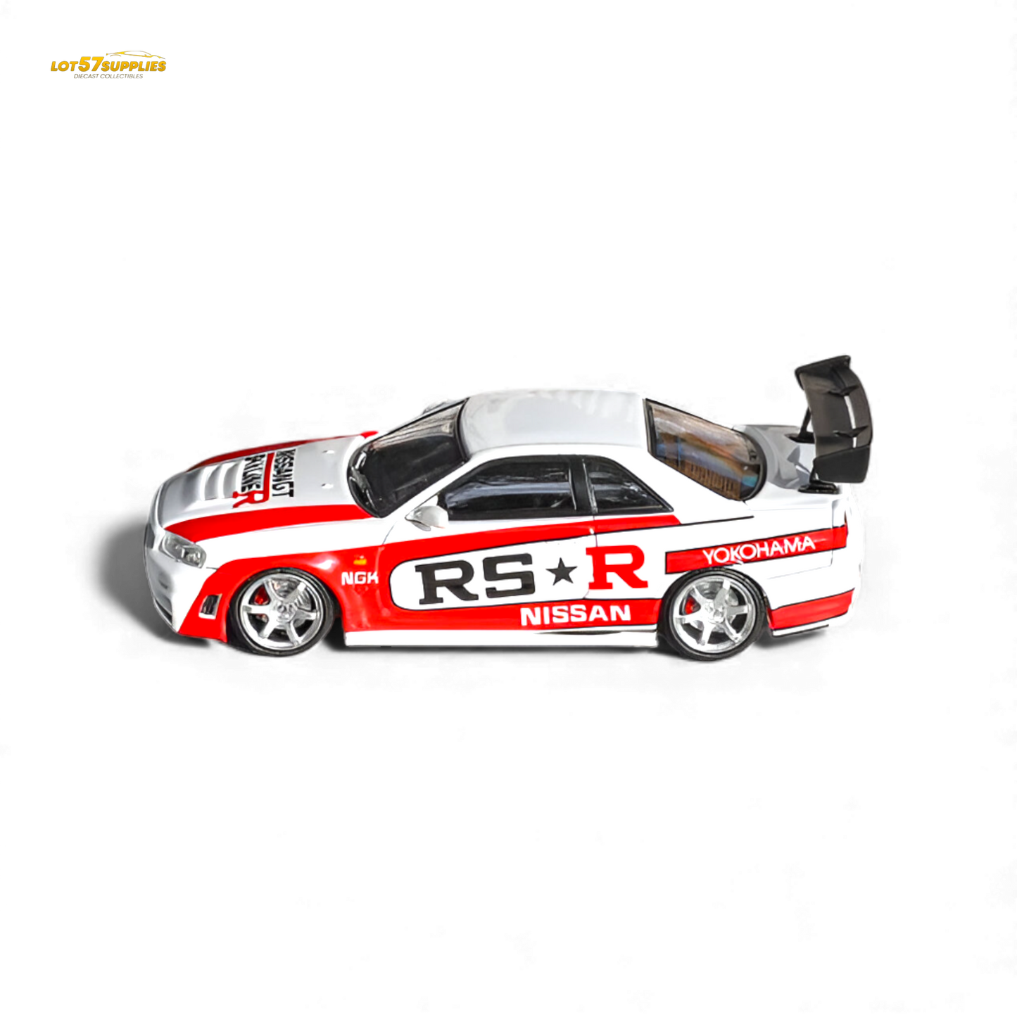 White 1:64 scale Nissan Skyline R34 GT-R Nismo Z-Tune diecast model by Lot57Supplies, detailed and collectible toy car.