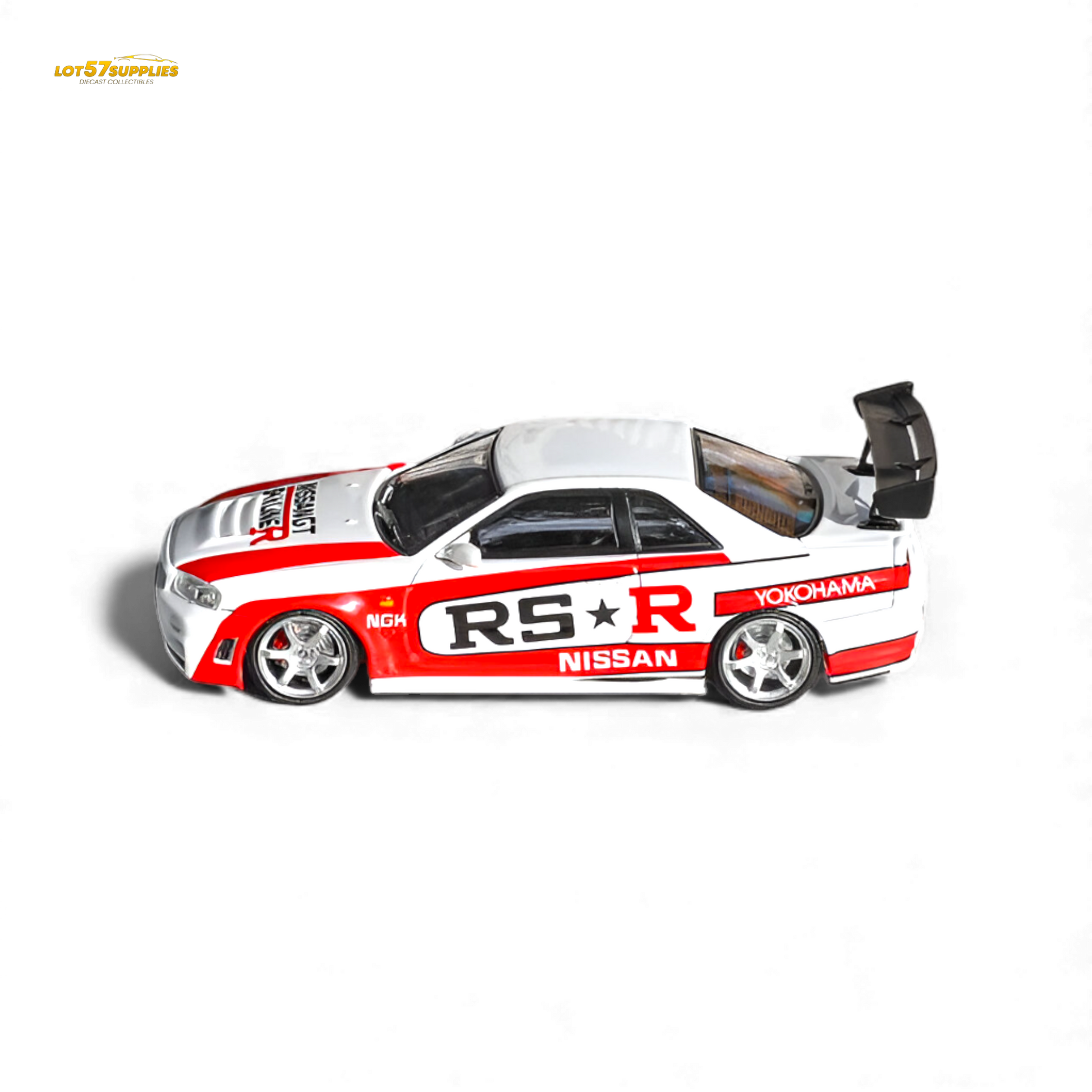 White 1:64 scale Nissan Skyline R34 GT-R Nismo Z-Tune diecast model by Lot57Supplies, detailed and collectible toy car.