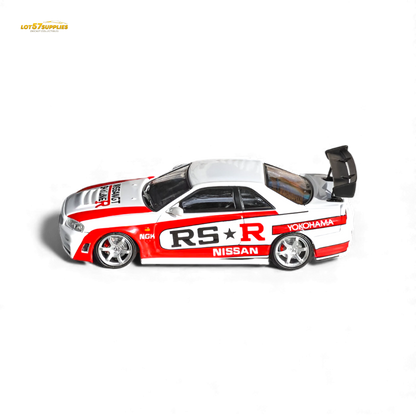White 1:64 scale Nissan Skyline R34 GT-R Nismo Z-Tune diecast model by Lot57Supplies, detailed and collectible toy car.