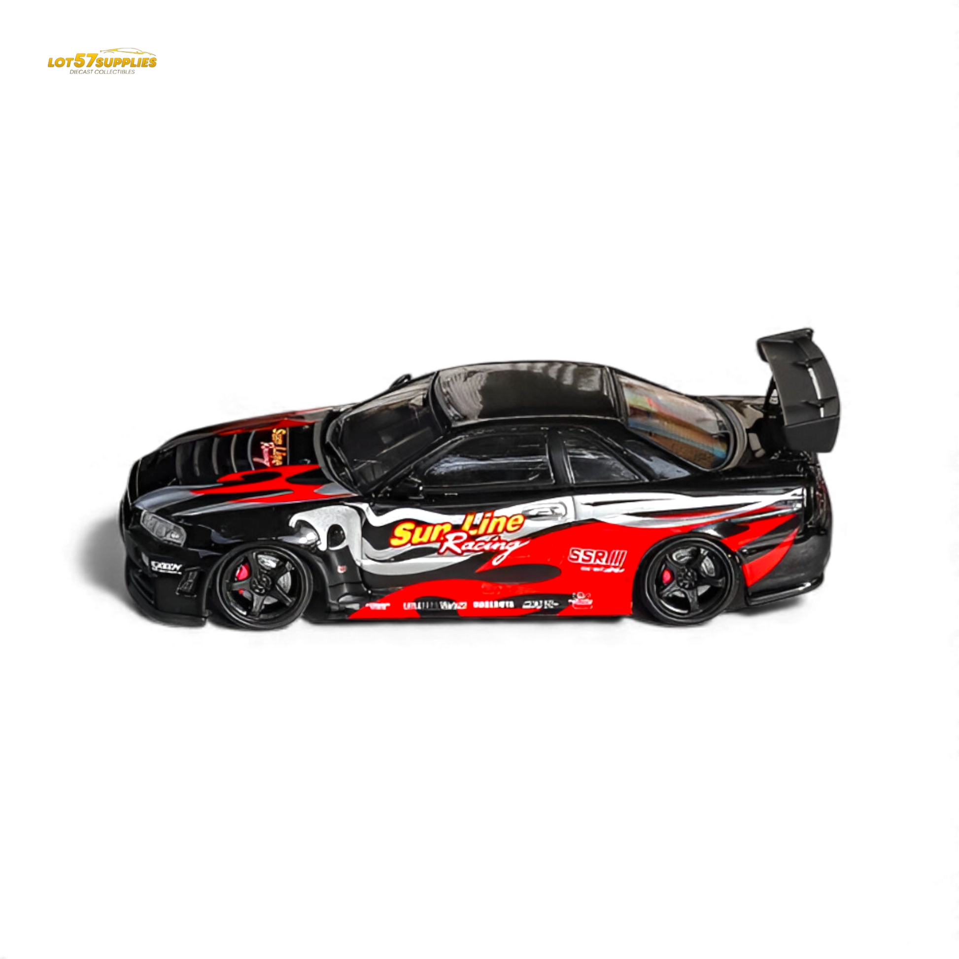 Black and red flame 1:64 scale Nissan Skyline R34 GT-R Nismo Z-Tune diecast model by Lot57Supplies, pre-order available.