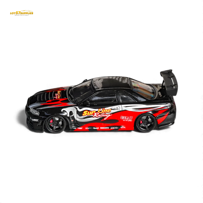 Black and red flame 1:64 scale Nissan Skyline R34 GT-R Nismo Z-Tune diecast model by Lot57Supplies, pre-order available.
