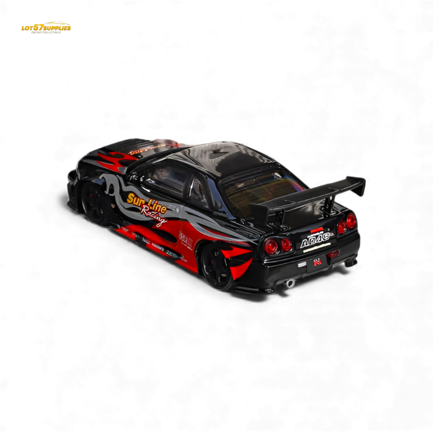 Black and red flame Nissan Skyline R34 GT-R Nismo Z-Tune diecast model by Lot57Supplies, detailed 1:64 scale Nissan collectible car
