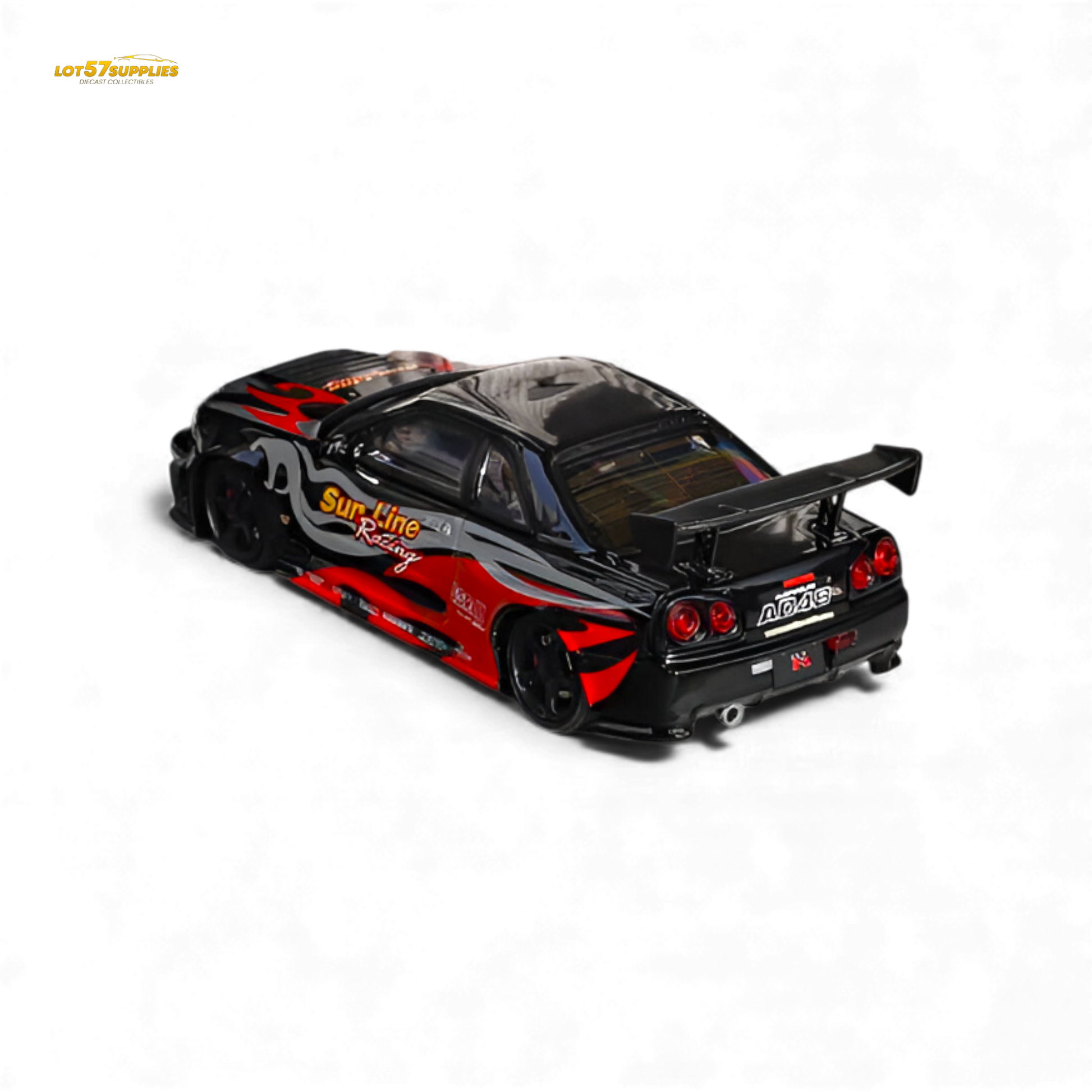 Black and red flame Nissan Skyline R34 GT-R Nismo Z-Tune diecast model by Lot57Supplies, detailed 1:64 scale Nissan collectible car