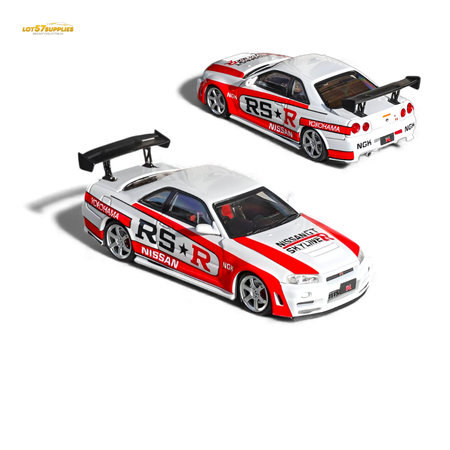 White Nissan Skyline R34 GT-R Nismo Z-Tune diecast model in 1:64 scale, featuring detailed design and branding.