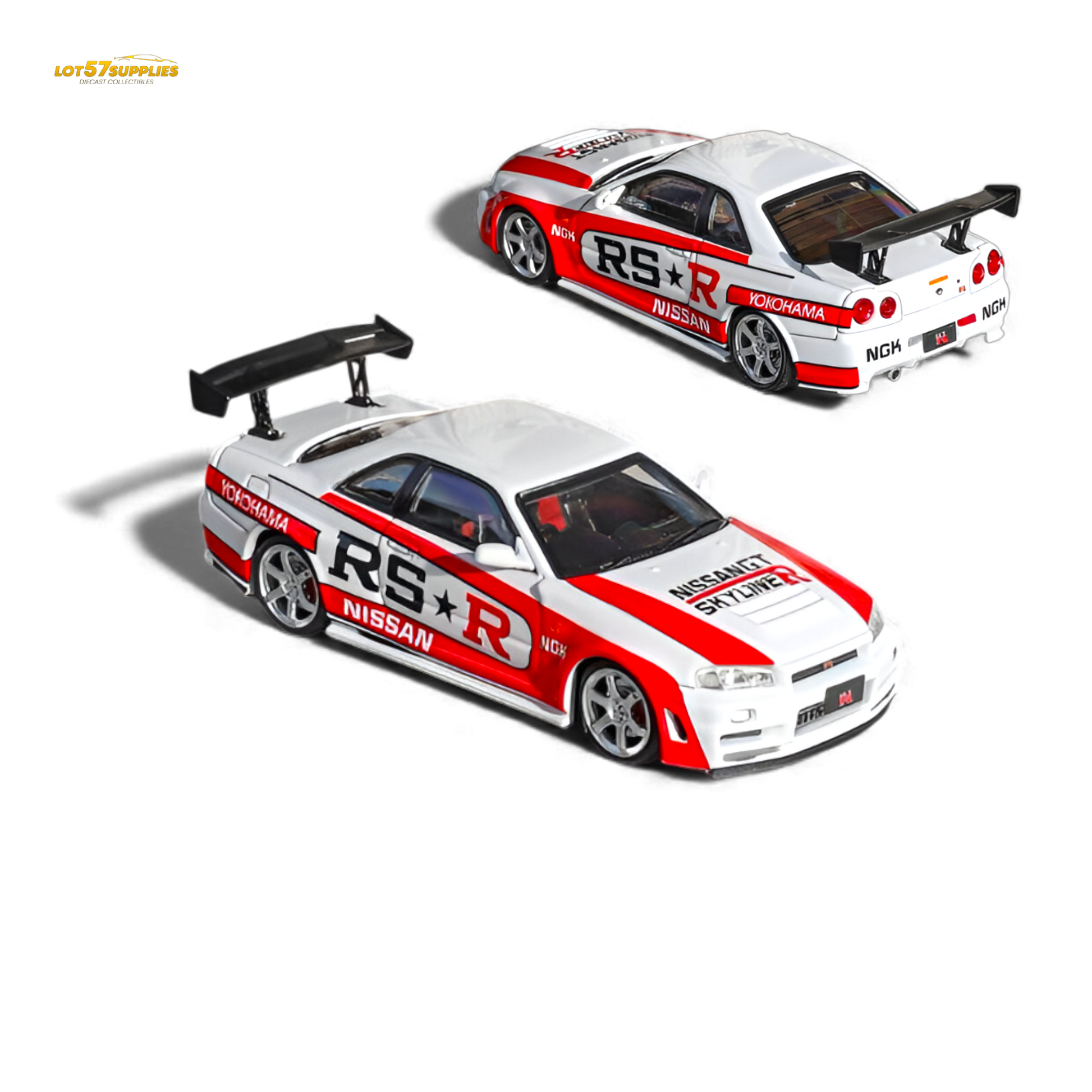 White Nissan Skyline R34 GT-R Nismo Z-Tune diecast model in 1:64 scale, featuring detailed design and branding.