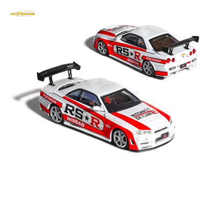White Nissan Skyline R34 GT-R Nismo Z-Tune diecast model in 1:64 scale, featuring detailed design and branding.