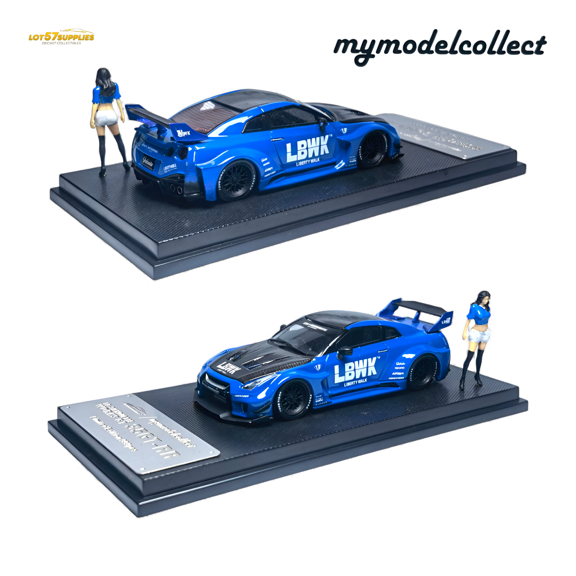 Blue 1:64 scale Nissan R35 GT-R LB Works diecast model by Lot57Supplies, detailed miniature car for collectors.