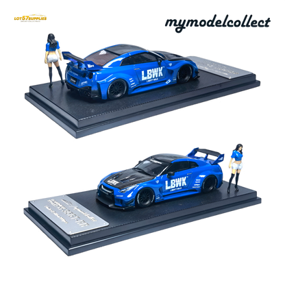 Blue 1:64 scale Nissan R35 GT-R LB Works diecast model by Lot57Supplies, detailed miniature car for collectors.