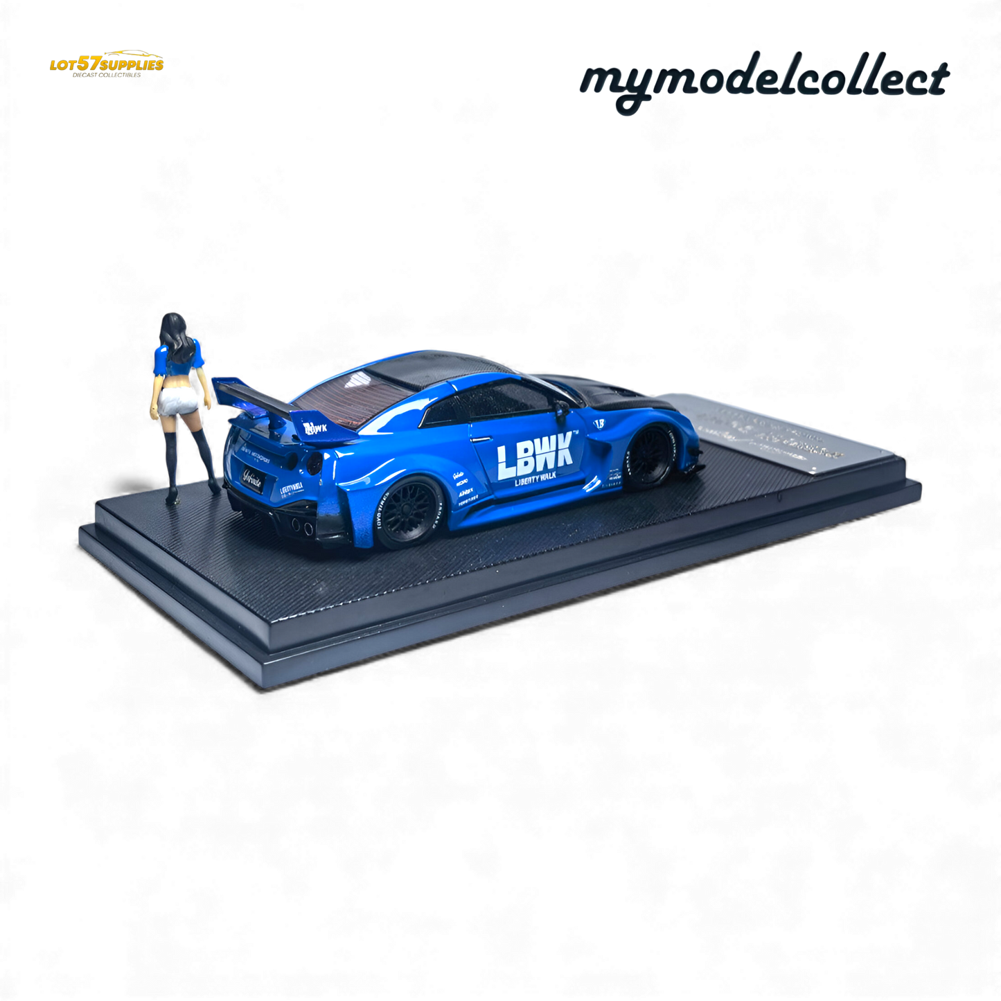 Blue 1:64 scale Nissan R35 GT-R LB Works diecast model by Lot57Supplies, detailed miniature car with realistic design.