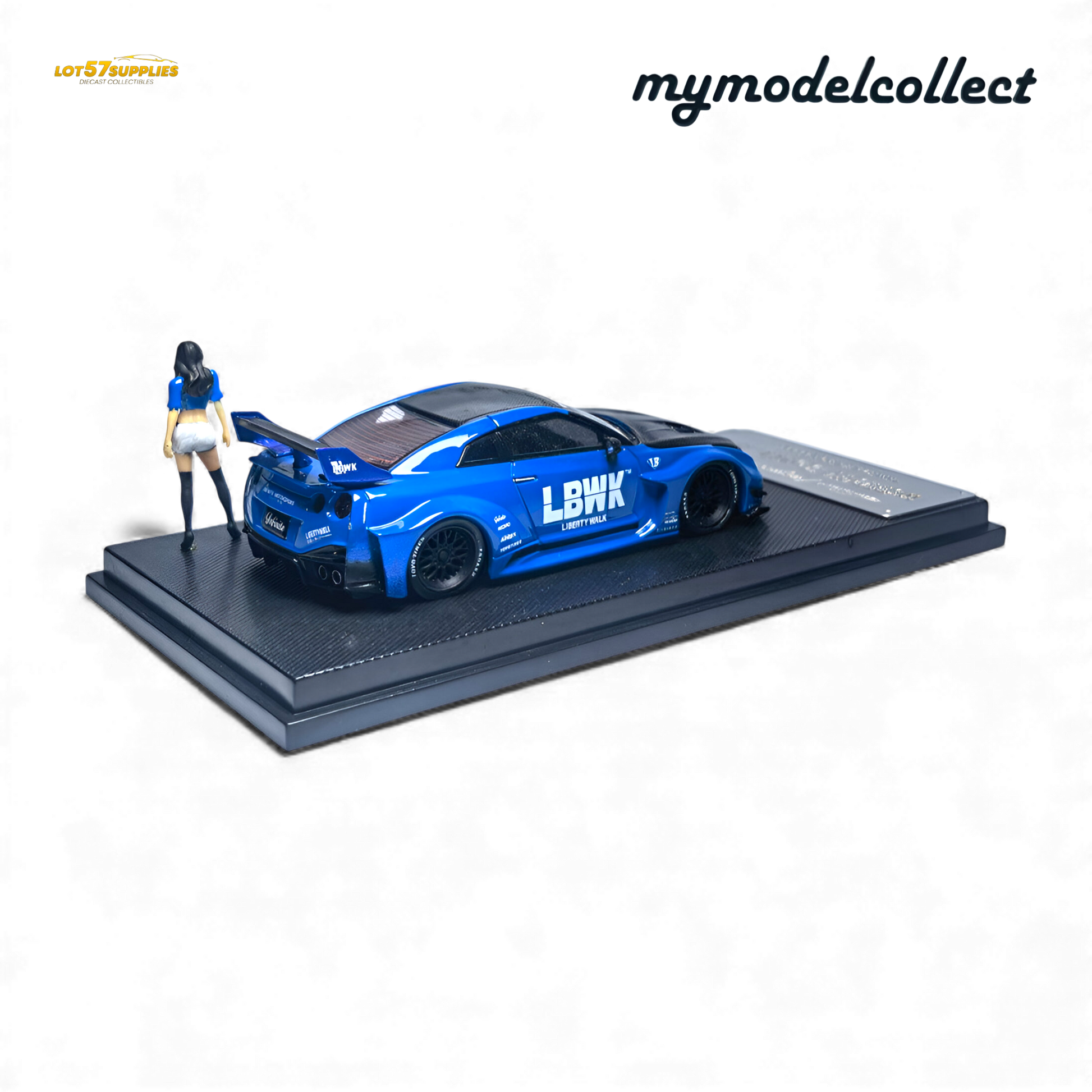 Blue 1:64 scale Nissan R35 GT-R LB Works diecast model by Lot57Supplies, detailed miniature car with realistic design.
