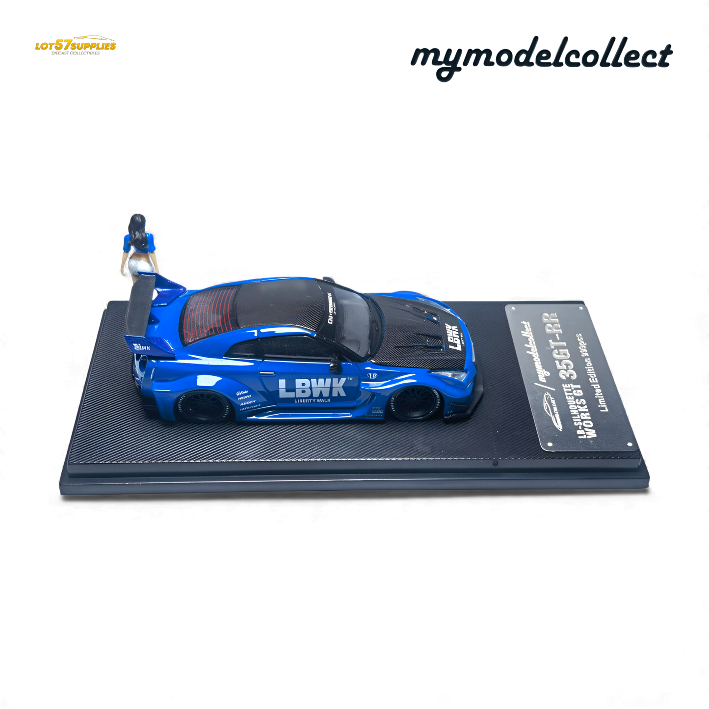 Blue 1:64 scale Nissan R35 GT-R LB Works diecast model by Lot57Supplies, detailed miniature car for collectors.