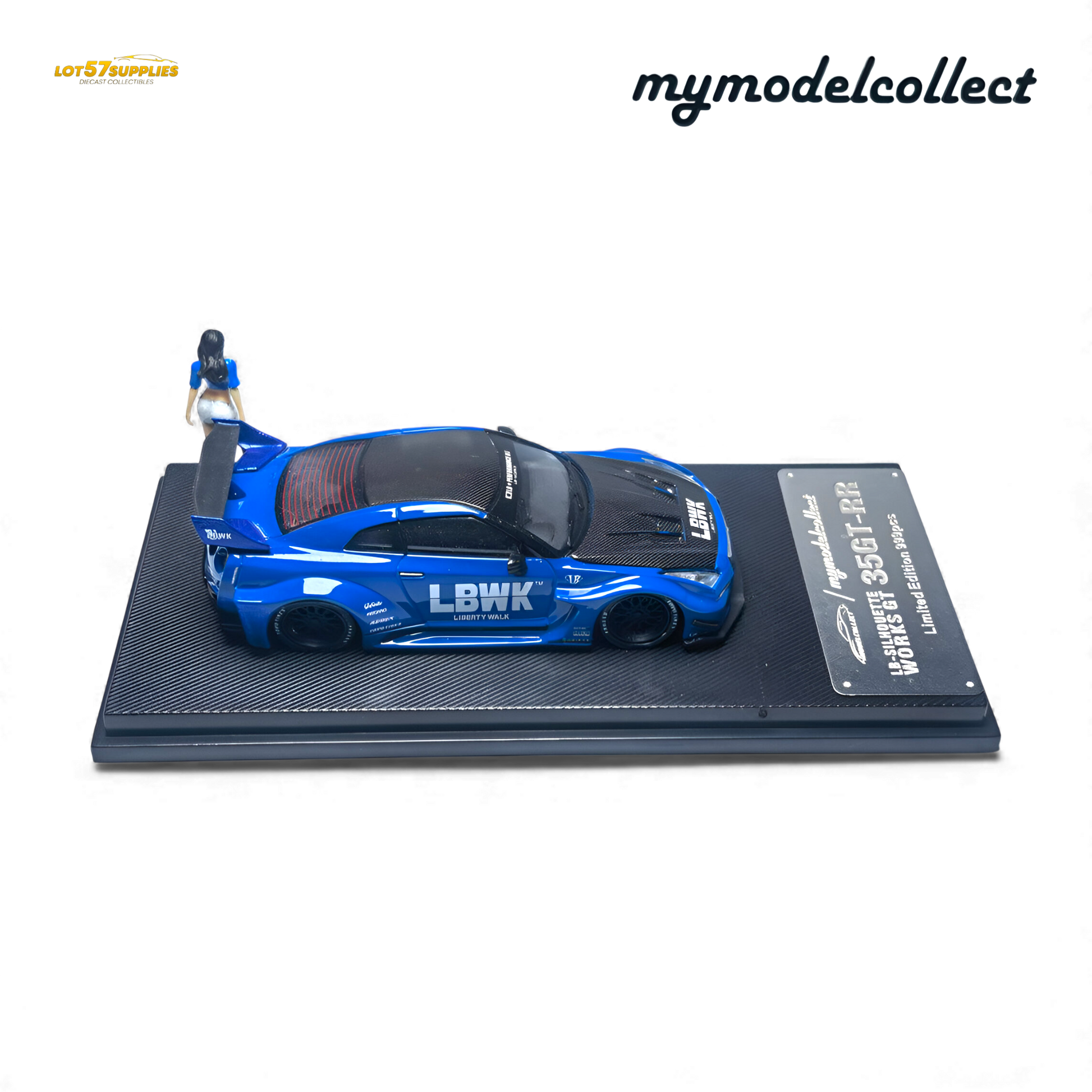 Blue 1:64 scale Nissan R35 GT-R LB Works diecast model by Lot57Supplies, detailed miniature car for collectors.