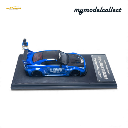 Blue 1:64 scale Nissan R35 GT-R LB Works diecast model by Lot57Supplies, detailed miniature car for collectors.