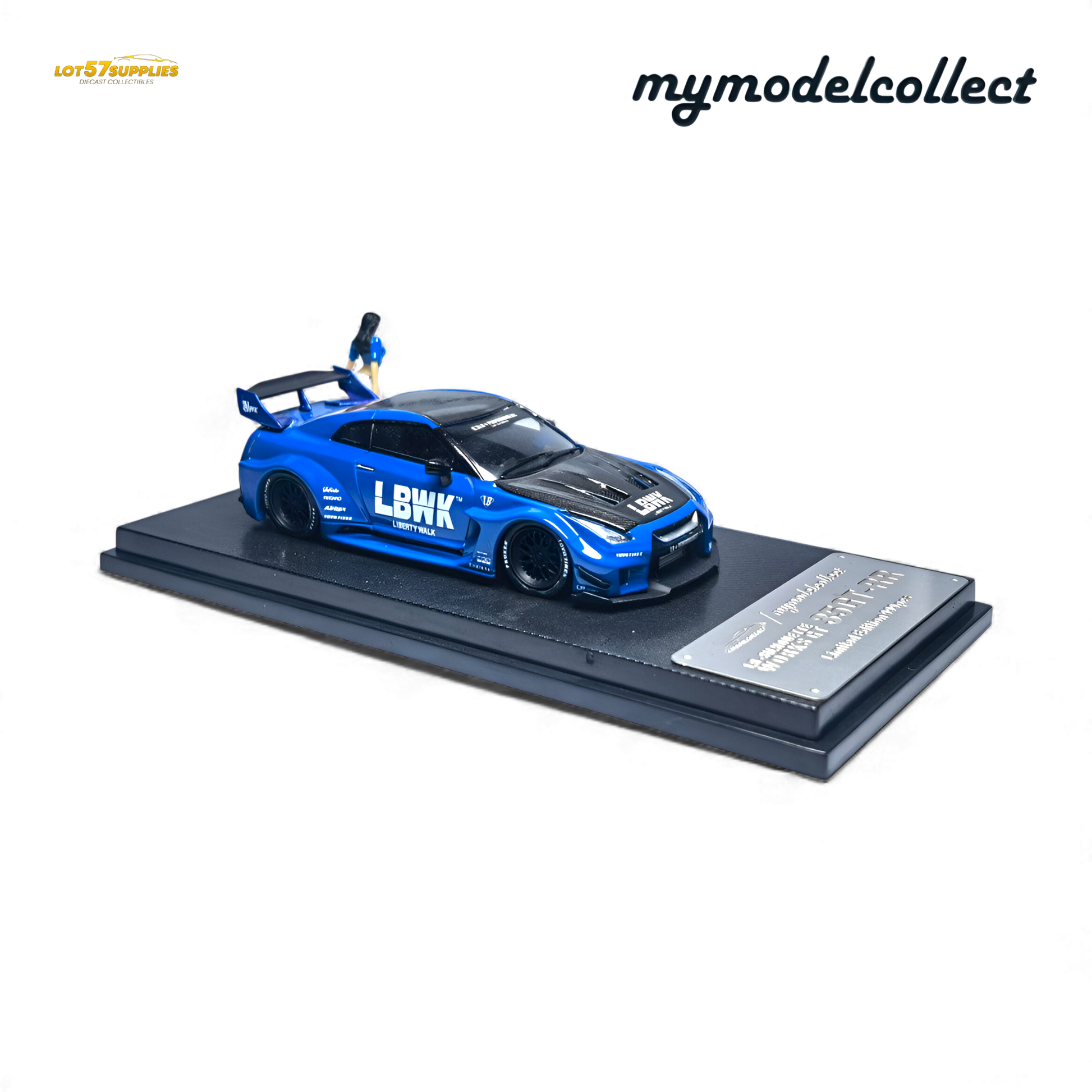 Blue 1:64 scale Nissan R35 GT-R LB Works diecast model by Lot57Supplies, detailed view from the pre-order product image.