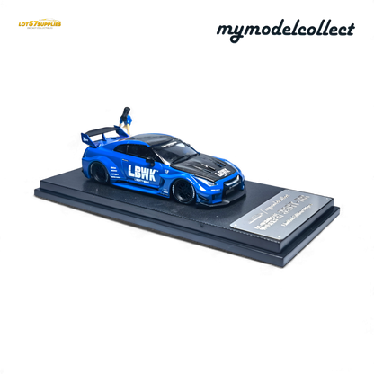 Blue 1:64 scale Nissan R35 GT-R LB Works diecast model by Lot57Supplies, detailed view from the pre-order product image.