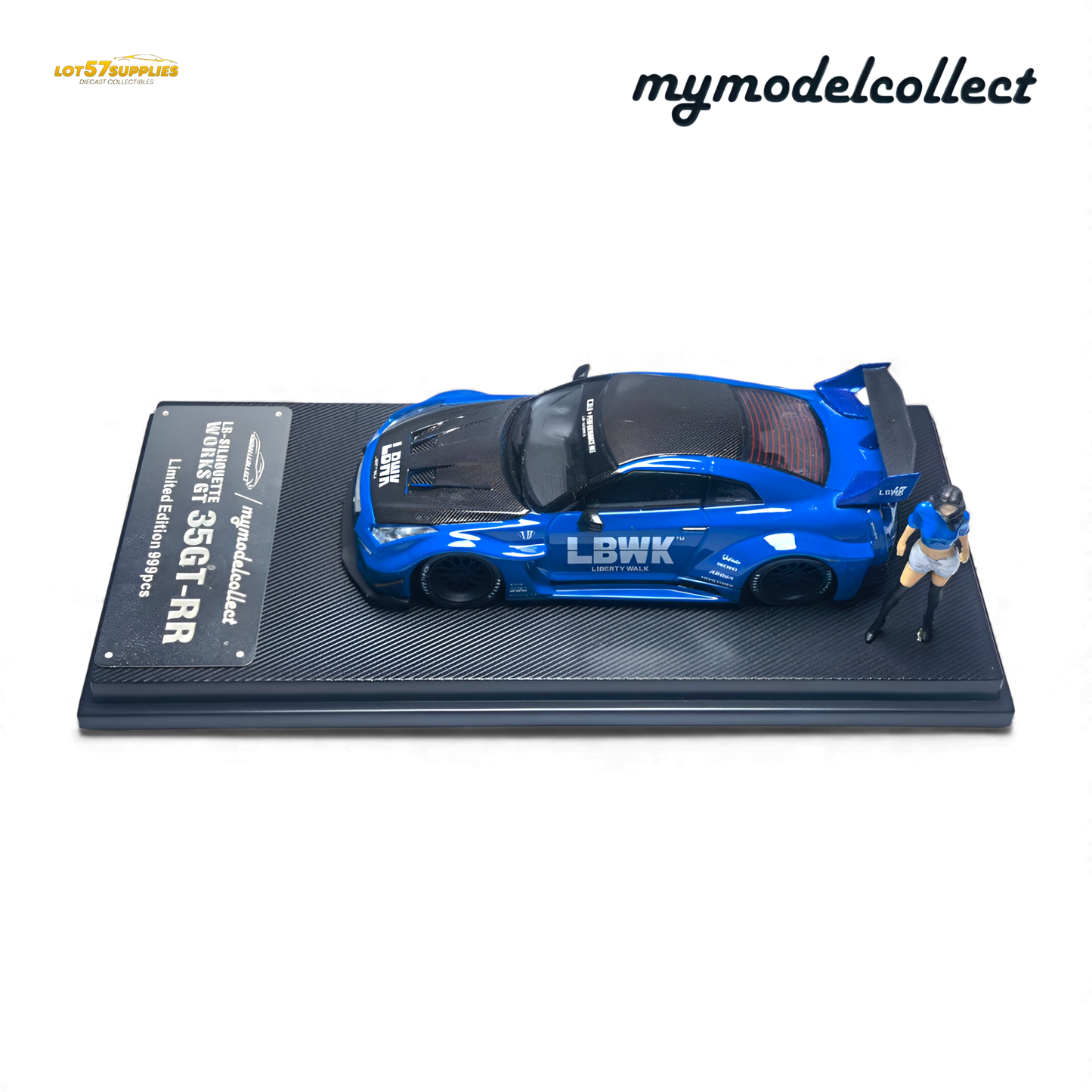 Blue 1:64 scale Nissan R35 GT-R LB Works diecast model by Lot57Supplies, detailed mini car on display.