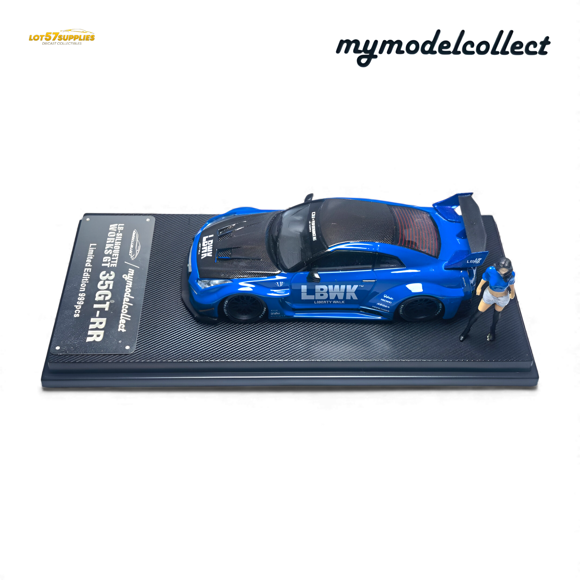 Blue 1:64 scale Nissan R35 GT-R LB Works diecast model by Lot57Supplies, detailed mini car on display.