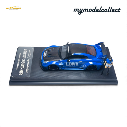Blue 1:64 scale Nissan R35 GT-R LB Works diecast model by Lot57Supplies, detailed mini car on display.