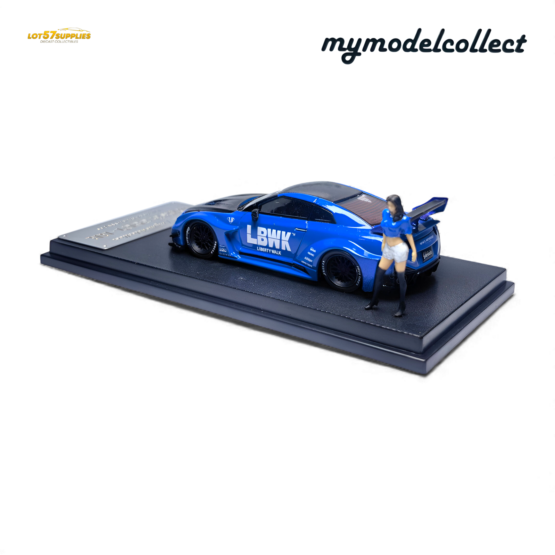 Blue 1:64 scale Nissan R35 GT-R LB Works diecast model by Lot57Supplies, detailed miniature car for collectors.
