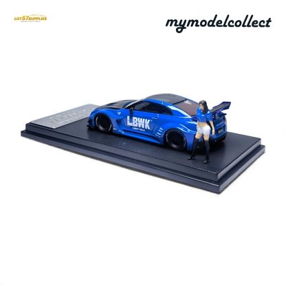 Blue 1:64 scale Nissan R35 GT-R LB Works diecast model by Lot57Supplies, detailed miniature car for collectors.