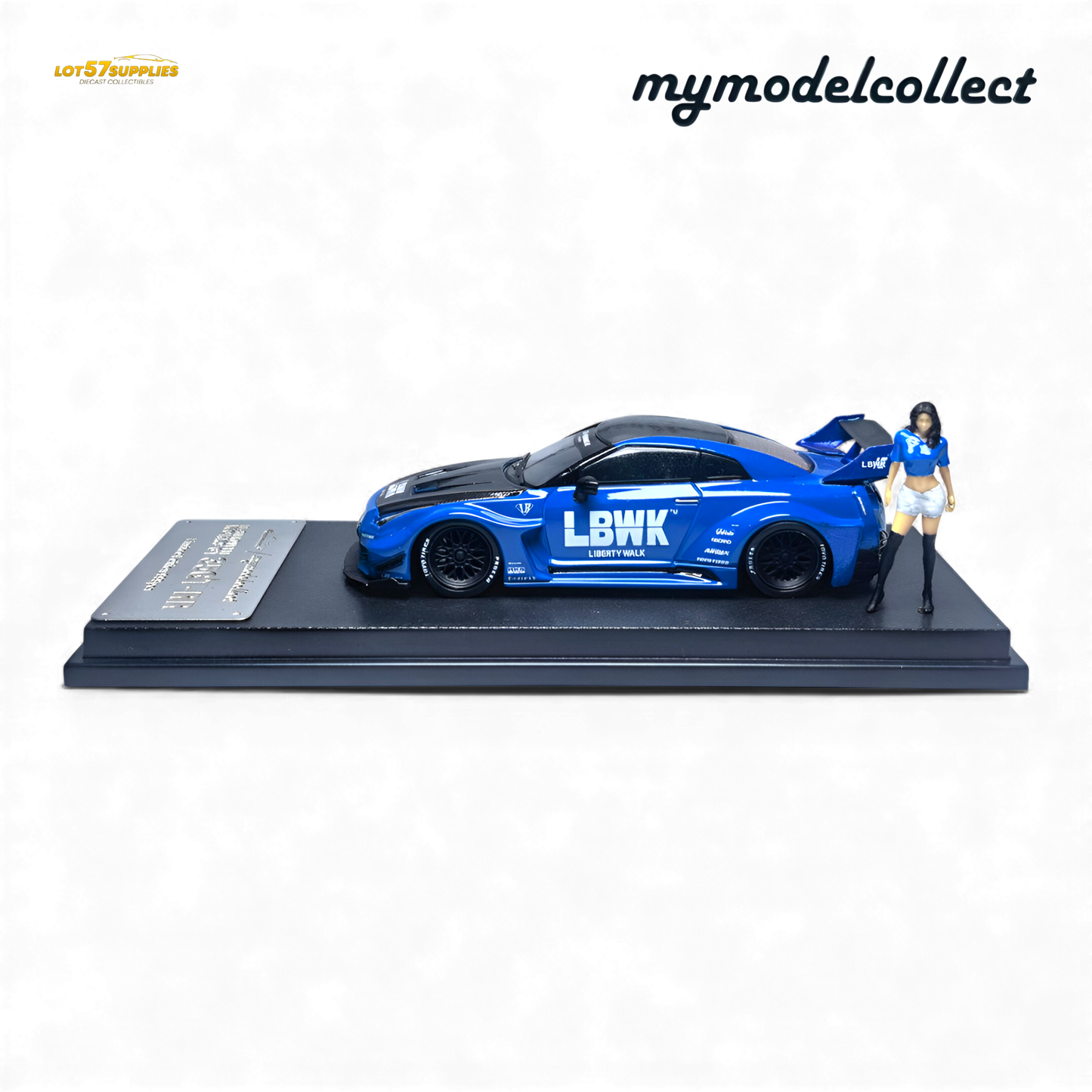 Blue 1:64 scale Nissan R35 GT-R LB Works diecast model by Lot57Supplies Diecast Shop, detailed miniature car on display.