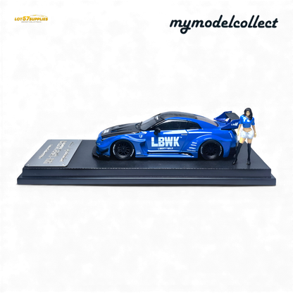 Blue 1:64 scale Nissan R35 GT-R LB Works diecast model by Lot57Supplies Diecast Shop, detailed miniature car on display.