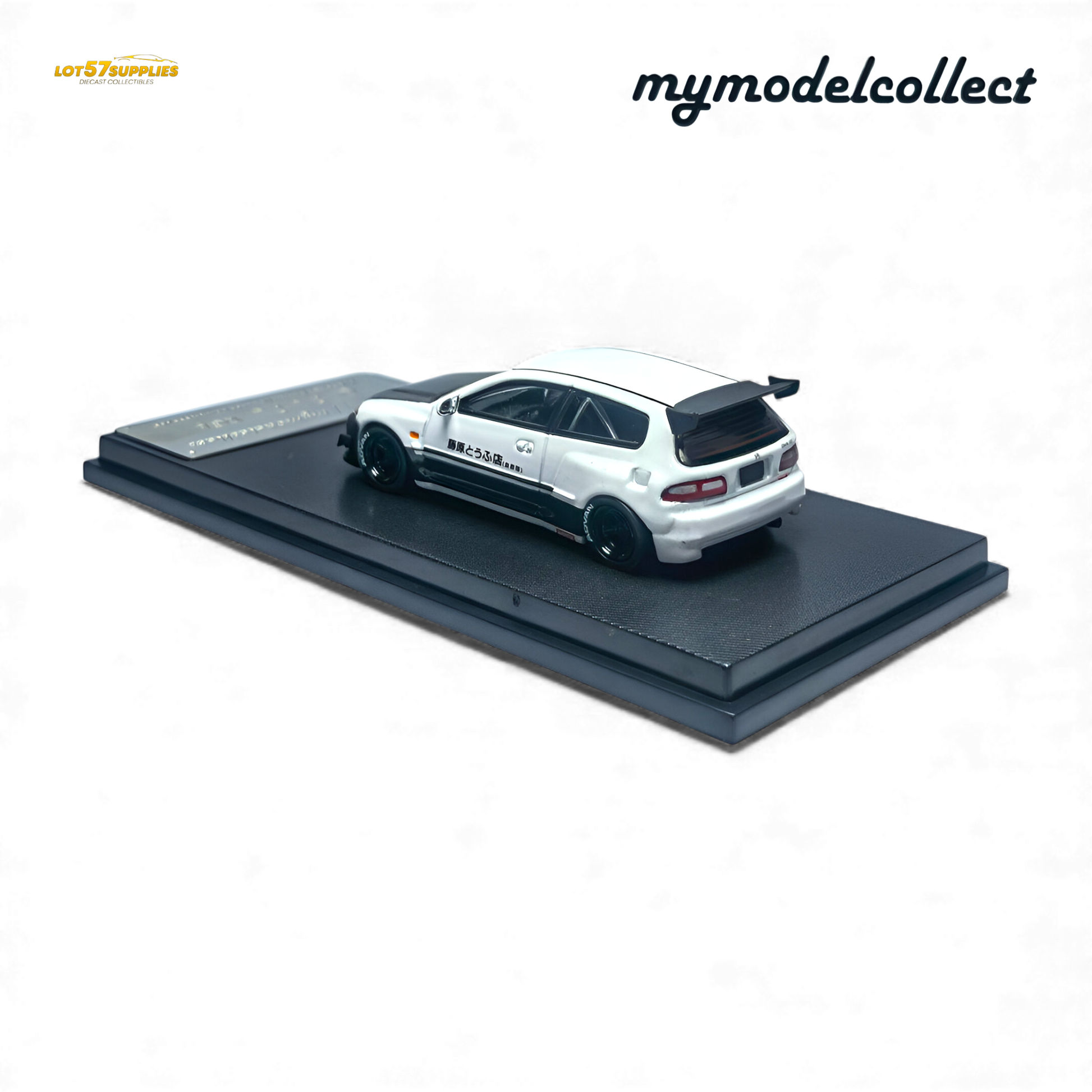 White Honda MC Civic EG6 diecast model by Lot57Supplies, detailed 1:64 scale replica from Fujiwara Tofu Shop collection.