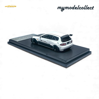 White Honda MC Civic EG6 diecast model by Lot57Supplies, detailed 1:64 scale replica from Fujiwara Tofu Shop collection.