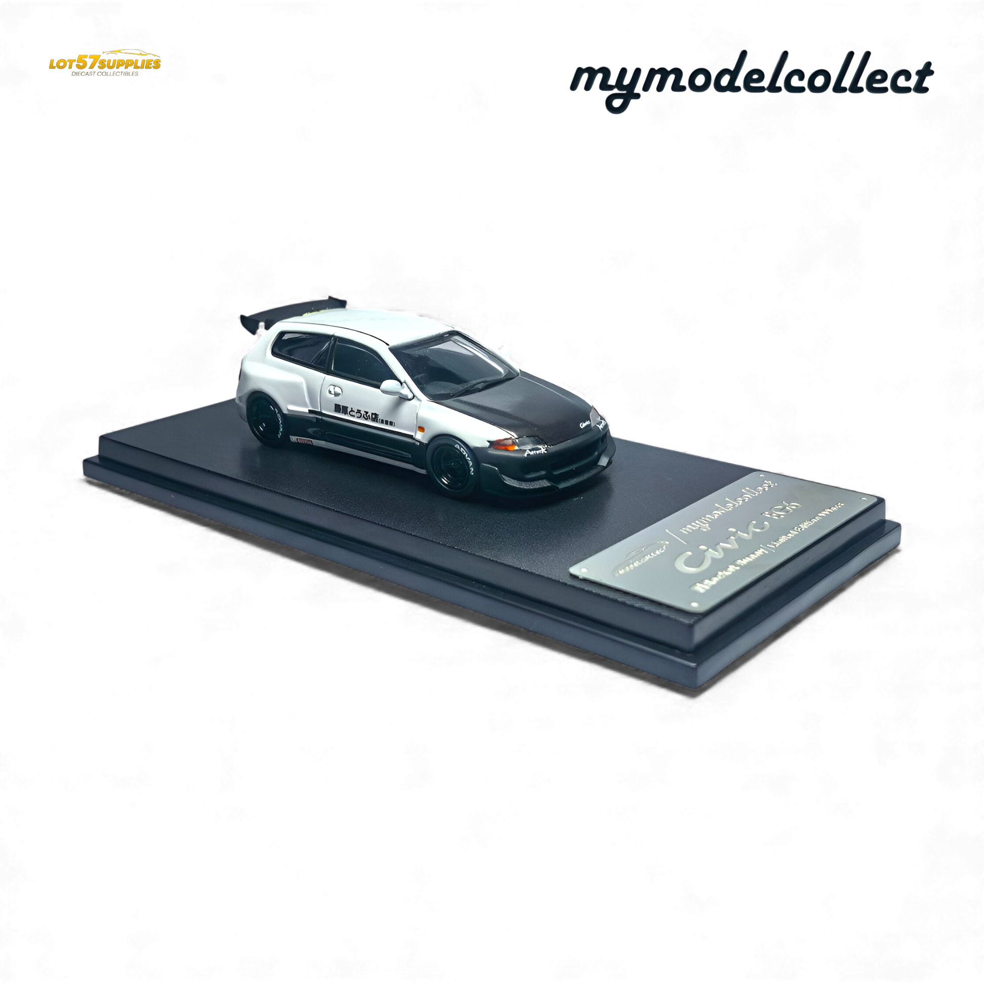White Honda MC Civic EG6 diecast car model by Lot57Supplies, featuring Fujiwara Tofu Shop design in 1:64 scale.