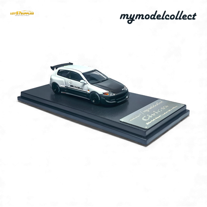 White Honda MC Civic EG6 diecast car model by Lot57Supplies, featuring Fujiwara Tofu Shop design in 1:64 scale.