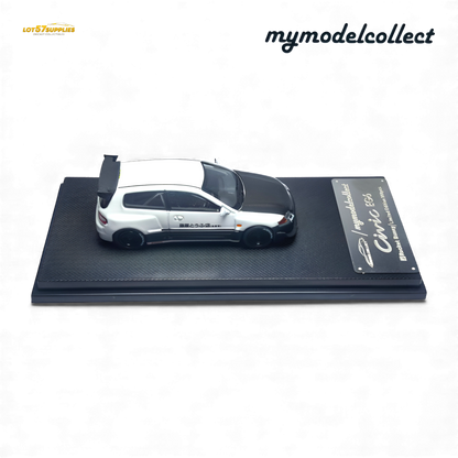 White Honda MC Civic EG6 diecast model in 1:64 scale by Lot57Supplies, featuring Fujiwara Tofu Shop branding.
