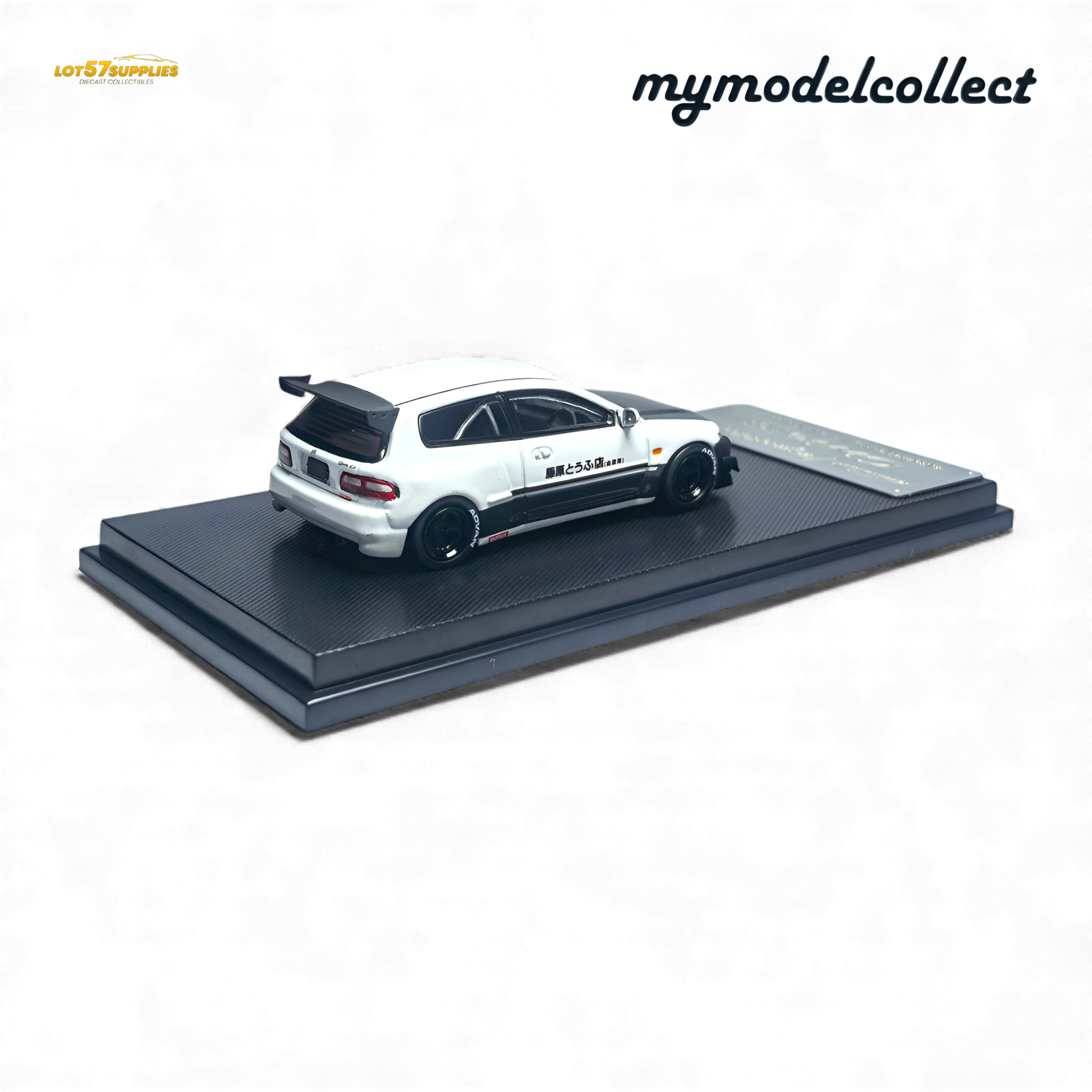 White Honda MC Civic EG6 diecast model by Lot57Supplies, featuring Fujiwara Tofu Shop decals, in 1:64 scale.