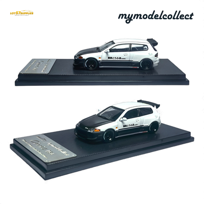 White Honda MC Civic EG6 diecast model by Lot57Supplies, detailed 1:64 scale replica from Fujiwara Tofu Shop collection.