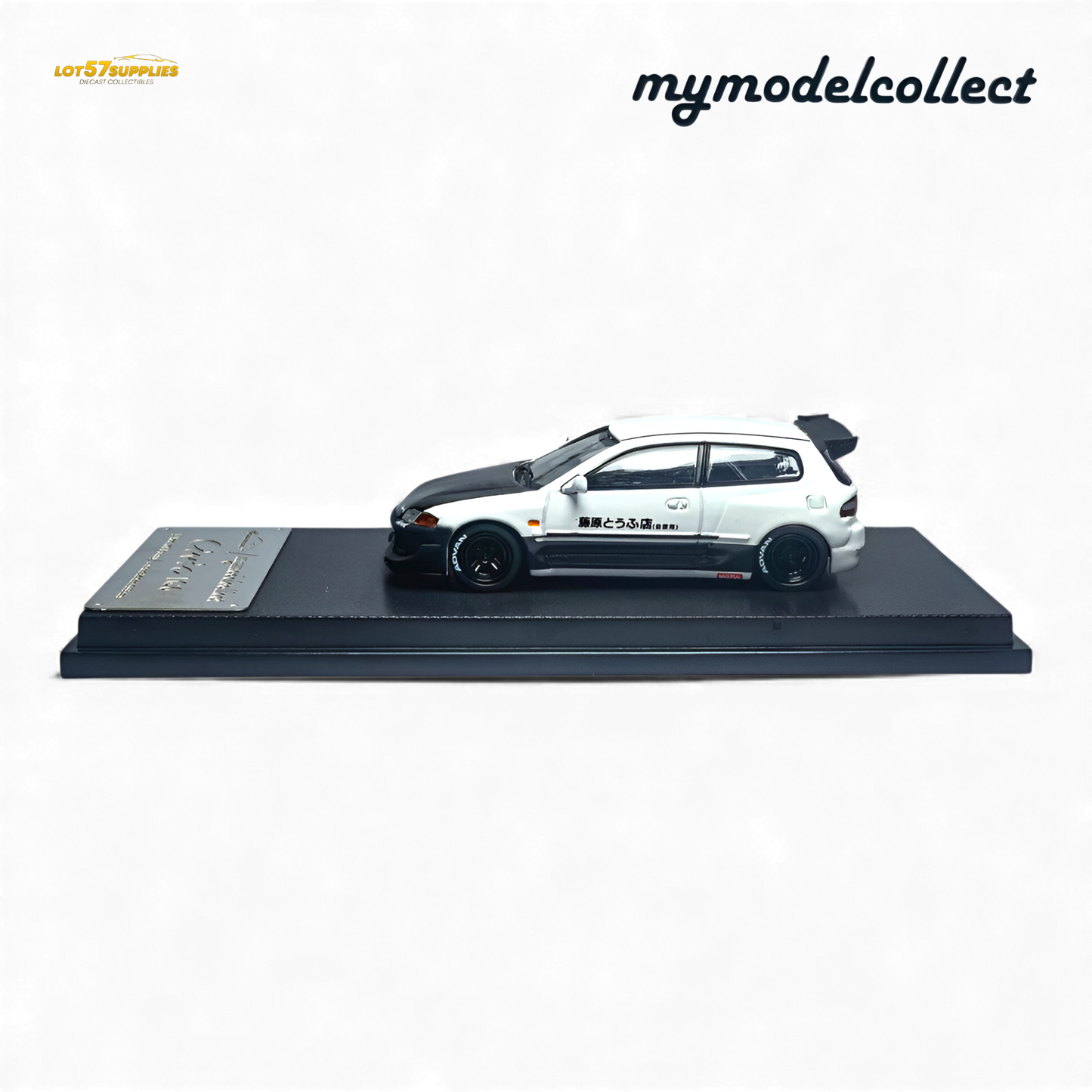 White Honda MC Civic EG6 diecast model in 1:64 scale, featuring Fujiwara Tofu Shop branding, from Lot57Supplies Diecast Shop