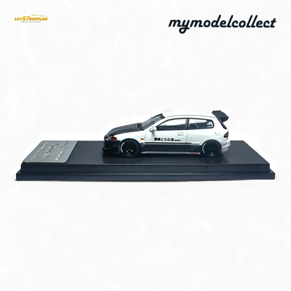 White Honda MC Civic EG6 diecast model in 1:64 scale, featuring Fujiwara Tofu Shop branding, from Lot57Supplies Diecast Shop