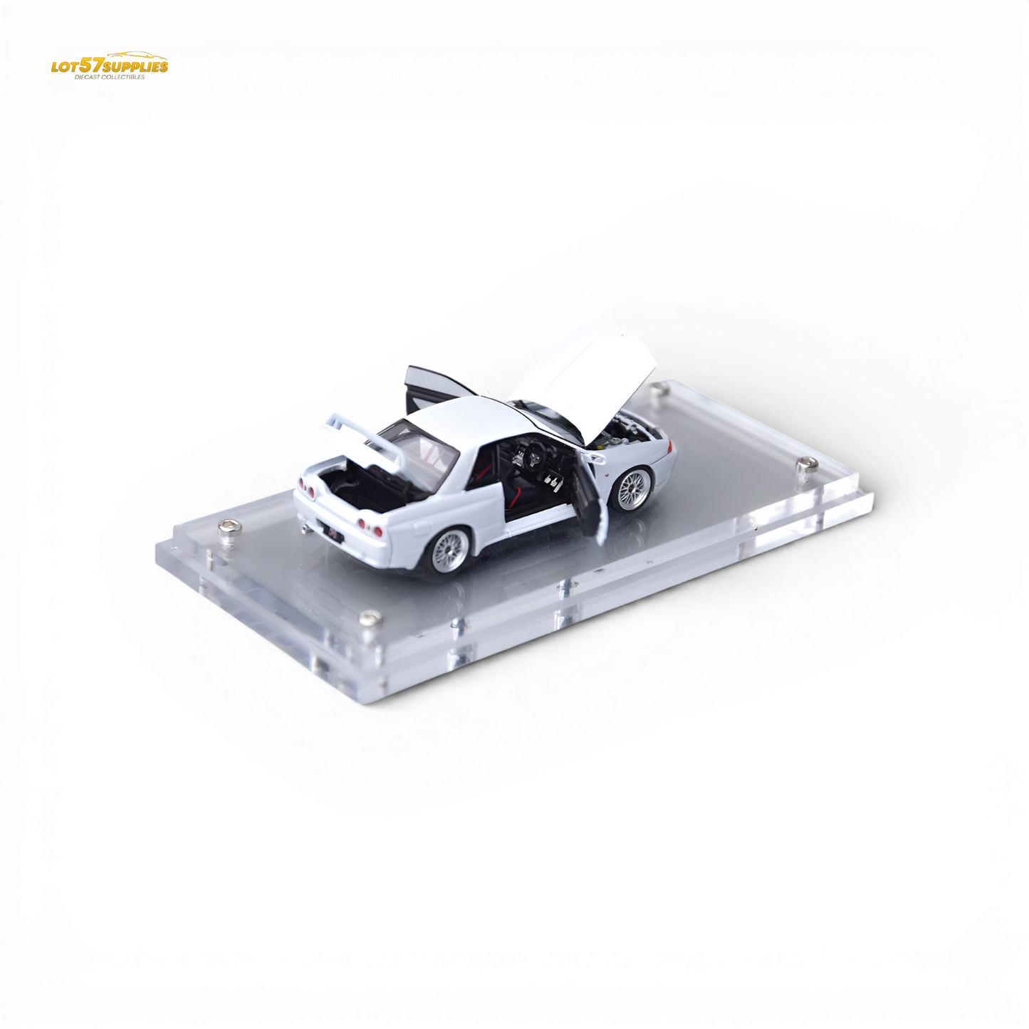 White 1:64 scale Nissan Skyline GT-R R32 Nismo S-Tune diecast model by Lot57Supplies, detailed view of the collectible car.