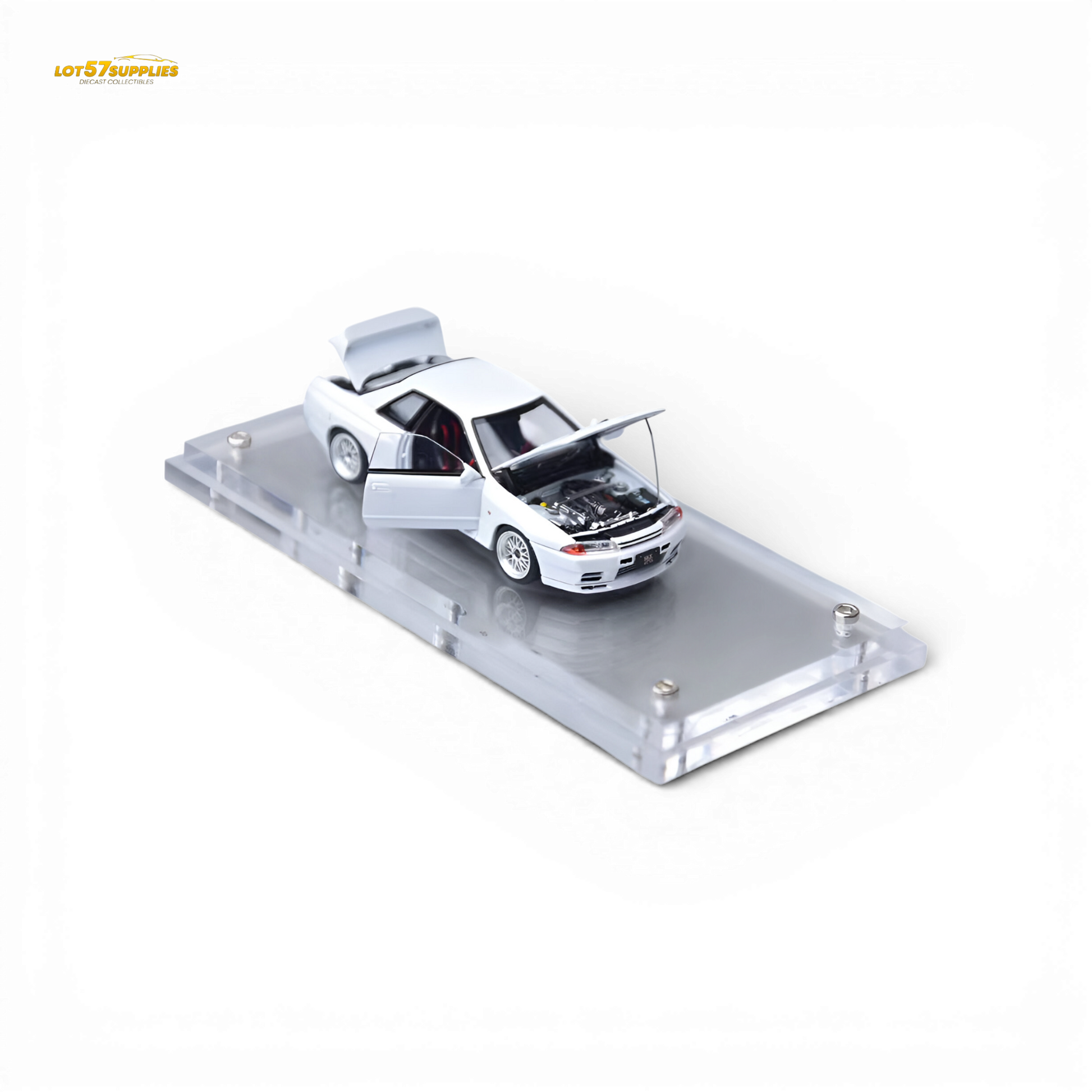 White Nissan Skyline GT-R R32 Nismo S-Tune diecast model by Lot57Supplies, detailed 1:64 scale car, showcasing sleek design and racing features.